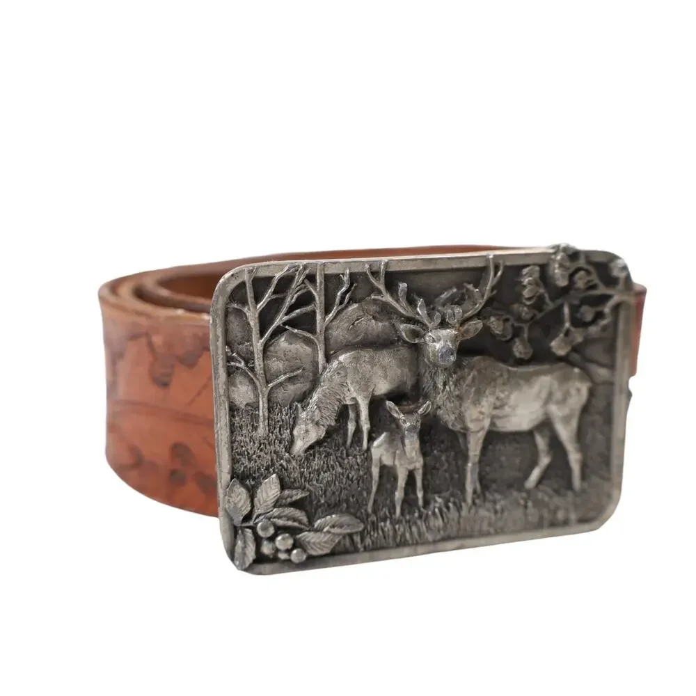 Vintage 80s Elk Family 3D Pewter Belt Buckle